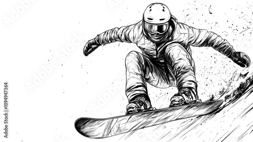 A sleek, single-line depiction of a snowboarder slicing through fresh powder, capturing the excitement and dynamism.