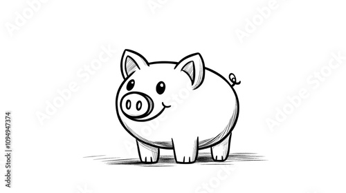 A piggy bank depicted in a continuous line art style. A black linear sketch of a pig moneybox, isolated on a white background, showcasing a modern illustration.