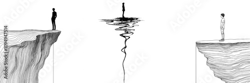 A man stands alone on a plateau, at the brink of a precipice. The scene evokes themes of solitude, despair, or crisis, providing a moment for reflection. The illustration is a black and white pencil