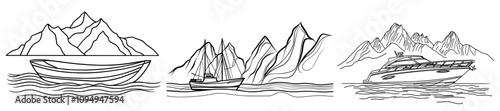 A boat lies on the sand near the sea shore, with a mountain cape in the background, illustrated in a linear, hand-drawn style.