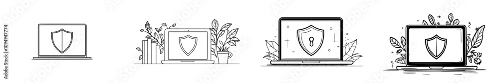 Obraz premium A single unbroken line. Safeguarding data. A shield and a laptop. An open laptop. Information security. Data preservation. A continuous line on a white backdrop.