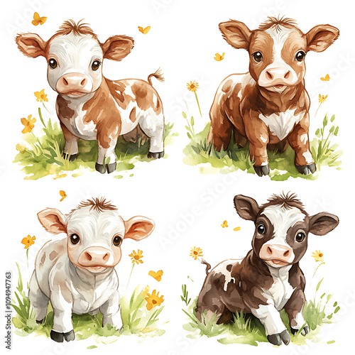 Cute baby cows in watercolor style, surrounded by flowers and butterflies, evoke joyful and playful atmosphere. Perfect for children decor or farm themed projects photo