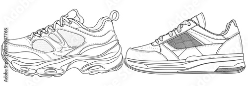 Drawing of sneakers. Athletic footwear depicted in a single line style.