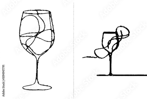 A wine glass rendered in a continuous line art style, ideal for printable artwork and tattoos.