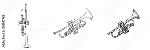 A contemporary single-line drawing of a trumpet in silhouette against a white background, rendered in a linear, stylized manner.