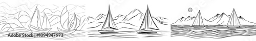 Sailing yachts with mountains in the background. Single continuous line drawing. Isolated on a white background.