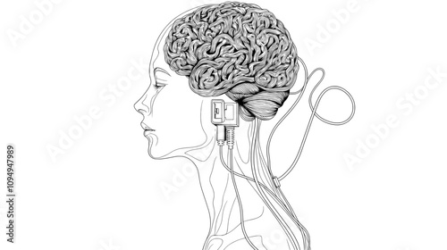 A simple linear style doodle showing a continuous line drawing of a person's head and brain with a plug, illustrating the idea of burnout syndrome and fatigue at work. A modern illustration.