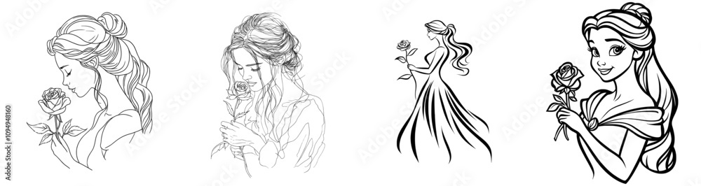A single continuous line drawing of a woman holding a lone rose, with a young girl gazing at the flower. A single continuous line drawing of a woman holding a lone rose, with a young girl gazing at the flower.