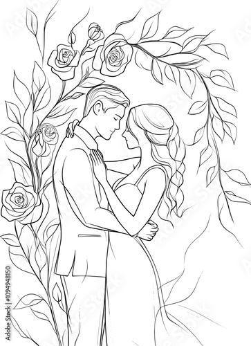 A wedding ceremony captured in a single continuous line drawing, set within a floral arch.