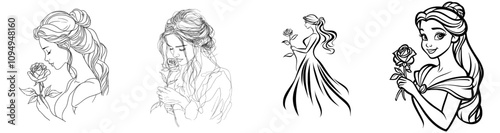 A single continuous line drawing of a woman holding a lone rose, with a young girl gazing at the flower.