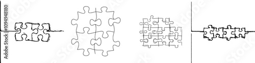 A single continuous line drawing of two jigsaw pieces on a white background, featuring a minimalist puzzle icon design. Ideal for modern banners, templates, posters, backdrops, web, and app
