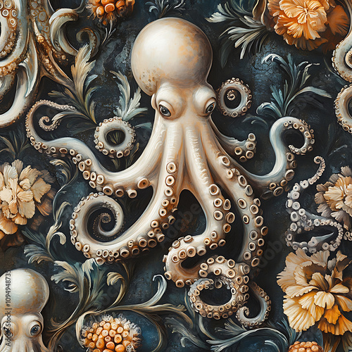 beautifully detailed octopus mural featuring intricate floral designs, showcasing elegance of cephalopods in vibrant underwater scene photo