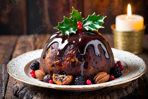 Christmas pudding on a rustic wooden table with copy space. Figgy pudding. photo