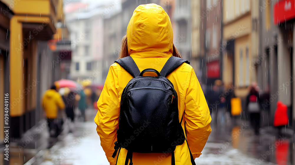 A Person Wearing a Yellow Raincoat Walks Through a City Street During a Rain Shower A Person Wearing a Yellow Raincoat Walks Through a City Street During a Rain Shower