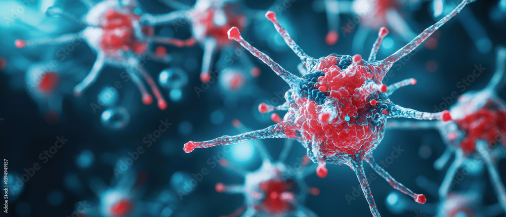 Surgery Reconstructive Concept. A close-up view of vibrant, stylized viruses with red and blue elements, showcasing intricate structures against a luminous background. Surgery Reconstructive Concept. A close-up view of vibrant, stylized viruses with red and blue elements, showcasing intricate structures against a luminous background.