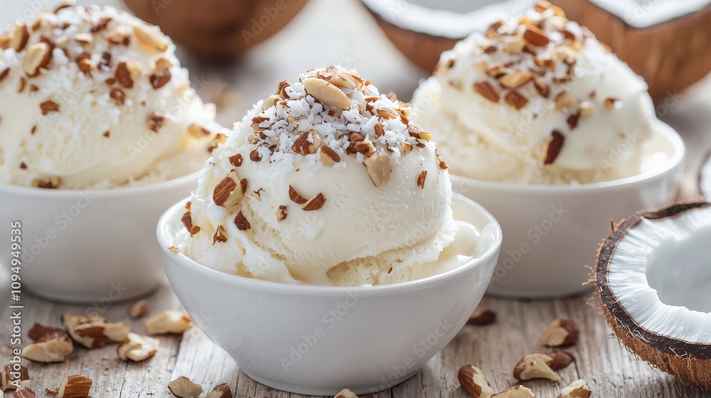 Creamy vanilla ice cream topped with crunchy nuts, served in white bowls, with coconut shells in the background. Creamy vanilla ice cream topped with crunchy nuts, served in white bowls, with coconut shells in the background.