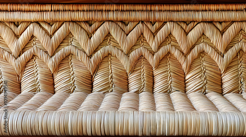 Closeup of a Woven Wicker Texture, Exhibiting a Complex Pattern of Intertwined Straws, Creating a Unique and Detailed Background photo