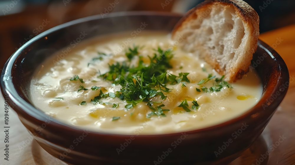 Creamy Soup with Fresh Herbs and Croutons 
