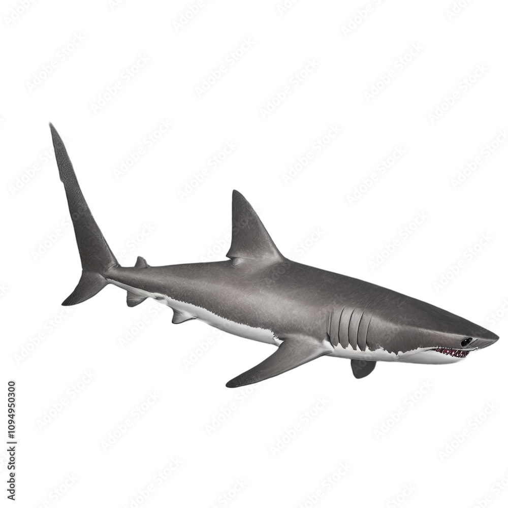 Fototapeta premium Powerful great white shark swimming in dark waters. A detailed 3D render showcasing the marine predator's sleek form and sharp teeth.