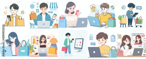 Vector of a teenager shopping online with a simple and minimalist flat design style. plain white background