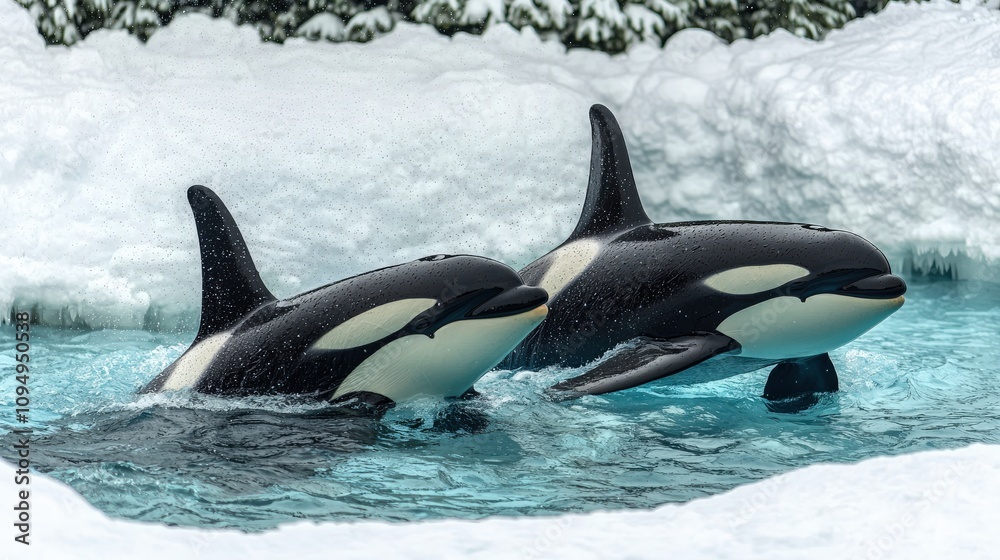 Fototapeta premium Two orcas swim gracefully in icy blue waters, surrounded by a snowy landscape, showcasing their striking black and white patterns.