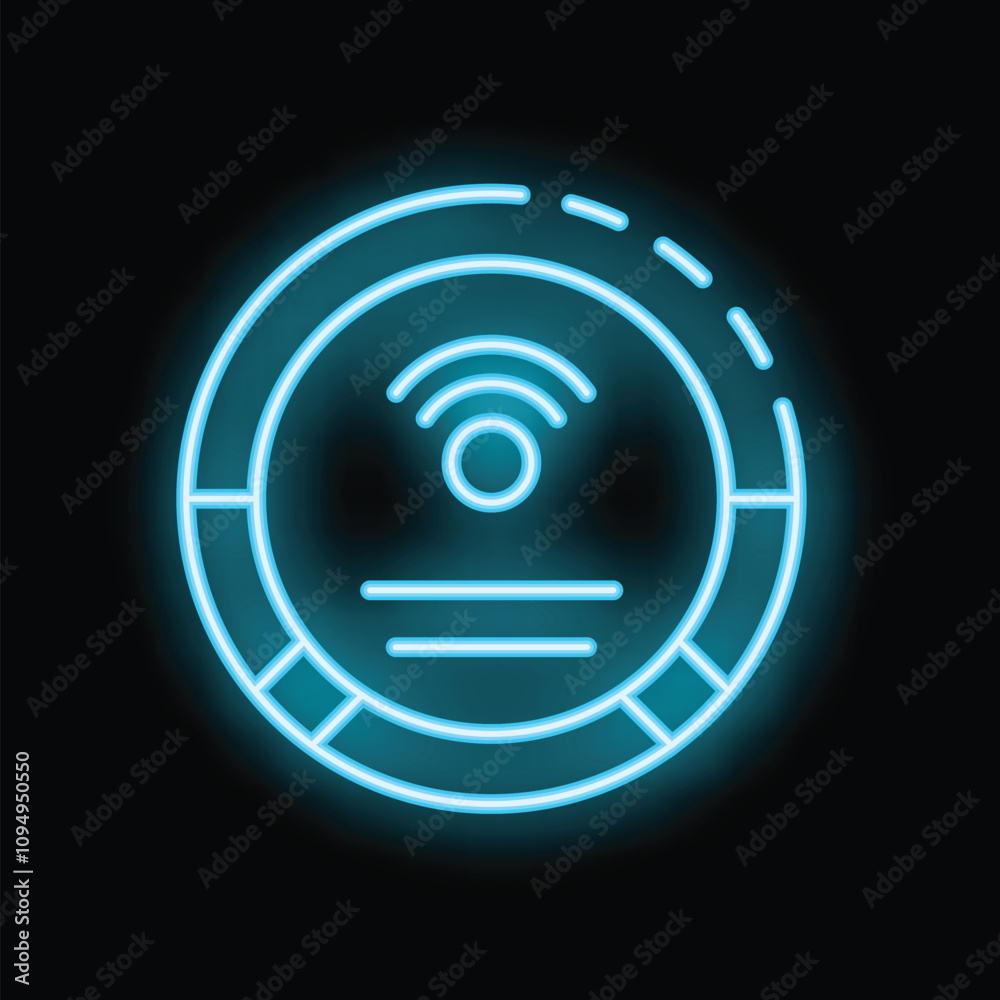 Blue neon icon of a modern robotic vacuum cleaner with a wifi symbol, glowing on a black background Blue neon icon of a modern robotic vacuum cleaner with a wifi symbol, glowing on a black background