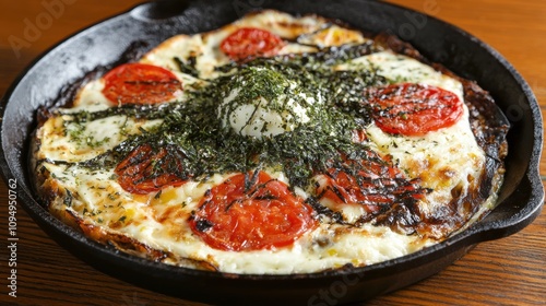 Sizzling korean-style pizza with fresh tomatoes and cheese restaurant kitchen food photography warm atmosphere close-up view culinary delight photo