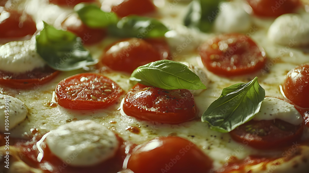 Close-up of Pizza Toppings: Fresh Cherry Tomatoes, Mozzarella Cheese, and Basil Leaves Close-up of Pizza Toppings: Fresh Cherry Tomatoes, Mozzarella Cheese, and Basil Leaves