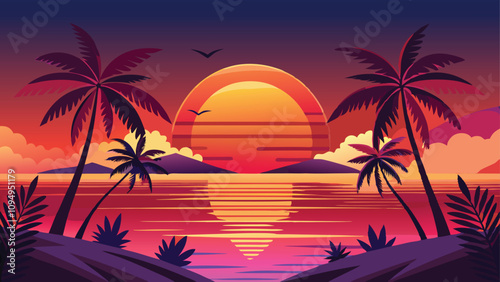 tropical sunset with trees