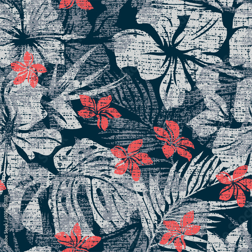 Tropical hibiscus flowers with leaves wallpaper grunge vector abstract seamless pattern for shirt fabric wrapping carpet rug tablecloth pillow