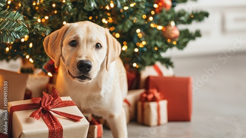 Festive labrador with christmas presents cozy living room holiday scene warm atmosphere joyful pet celebrating christmas spirit