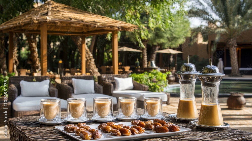 Fototapeta premium Outdoor tea and dates gathering luxurious garden food and drink display relaxed setting inviting atmosphere