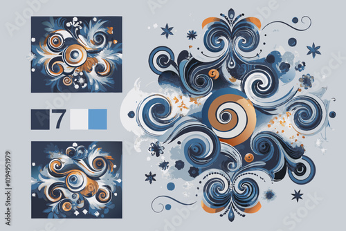 Abstract Blue and Orange Swirl Patterns on Grey Background