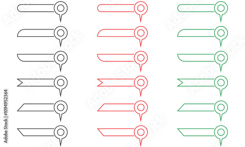 Set of red, green and black pin text tag icons. Pointer icon pin on the map with space for text. isolated on white background.  Vector illustration. EPS 10