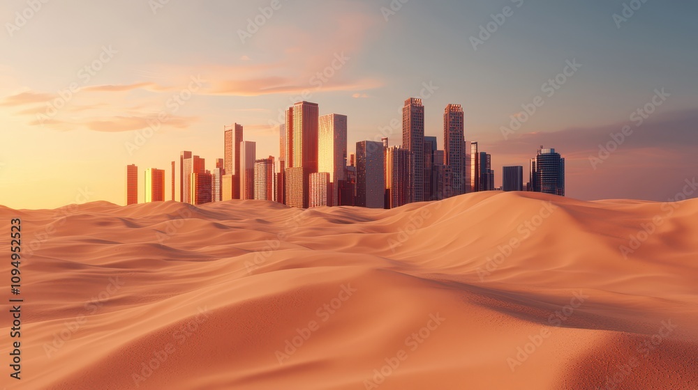 A futuristic city skyline emerges from golden sand dunes under a colorful sunset, blending urban architecture with a vast desert landscape. A futuristic city skyline emerges from golden sand dunes under a colorful sunset, blending urban architecture with a vast desert landscape.