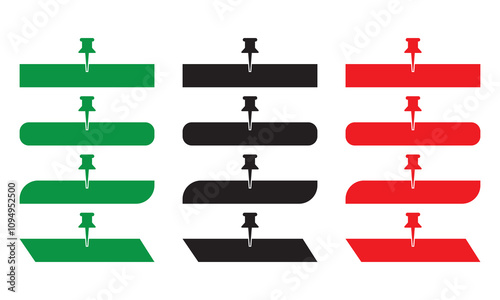 Set of red, green and black pin text tag icons. Pointer icon pin on the map with space for text. isolated on white background.  Vector illustration. EPS 10