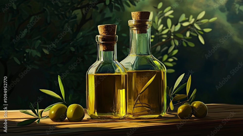 Decanters and bottles with golden olive oil garnished with ripe olives on wooden surface. HD Realistic. Decanters and bottles with golden olive oil garnished with ripe olives on wooden surface. HD Realistic.