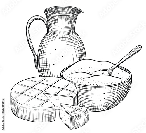 Pitcher with Milk and cheese wheel vector illustration. Linear drawing of dairy products painted by black inks. Outline etching with bowl of curd. Monochrome engraving for cookery book or menu.