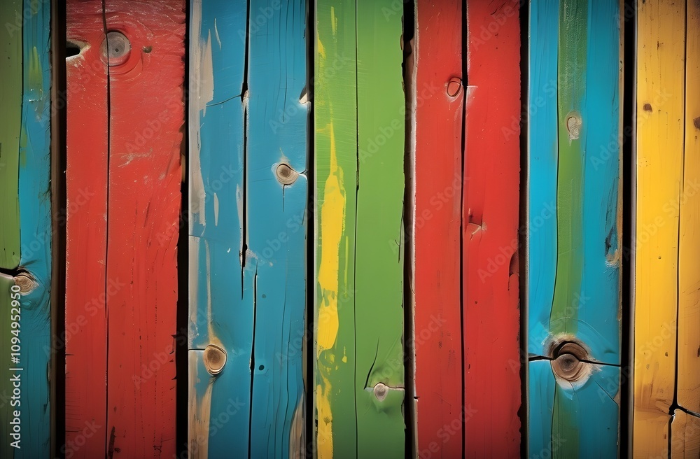 Old, grungy wood background with colorful peeling paint and rustic textures. Perfect for vintage, artistic, and rustic design projects Old, grungy wood background with colorful peeling paint and rustic textures. Perfect for vintage, artistic, and rustic design projects