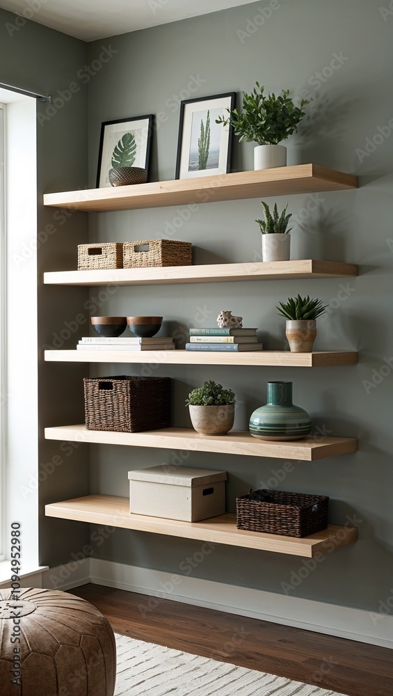 Wallmounted floating shelves organized and contemporary storage