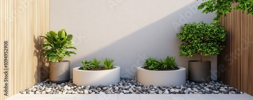 A serene garden corner featuring modern planters with lush greenery, surrounded by smooth stones and wooden accents.
