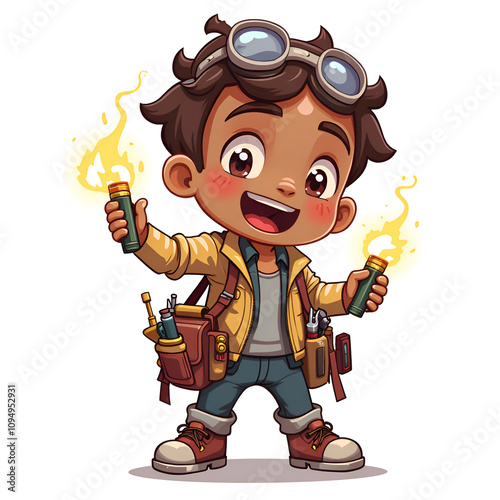 Cheerful young inventor holding glowsticks with a creative toolkit in a vibrant, playful style, digital illustration of character design concept. photo