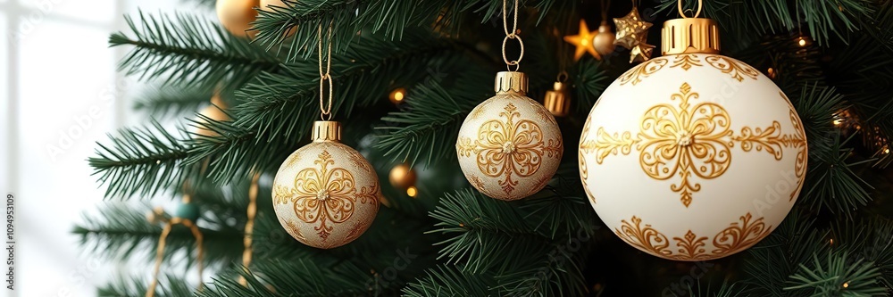 Ornate white and gold glass ornaments on a Christmas tree, white, refined, luxurious Ornate white and gold glass ornaments on a Christmas tree, white, refined, luxurious