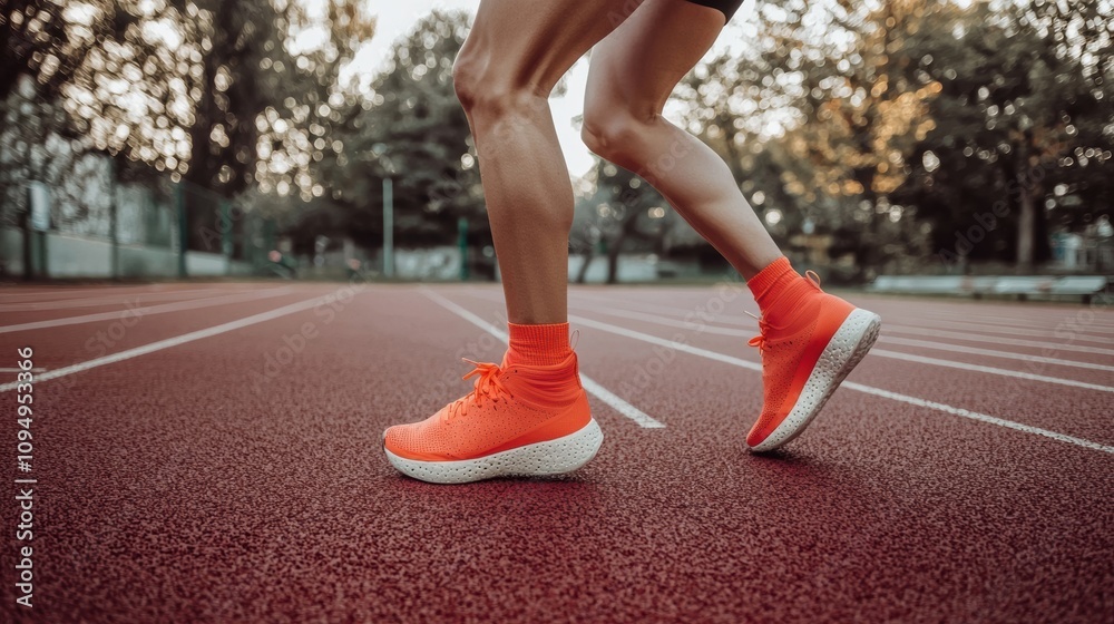 Runner in bright orange sneakers athletic track sport action outdoor environment dynamic viewpoint fitness motivation Runner in bright orange sneakers athletic track sport action outdoor environment dynamic viewpoint fitness motivation