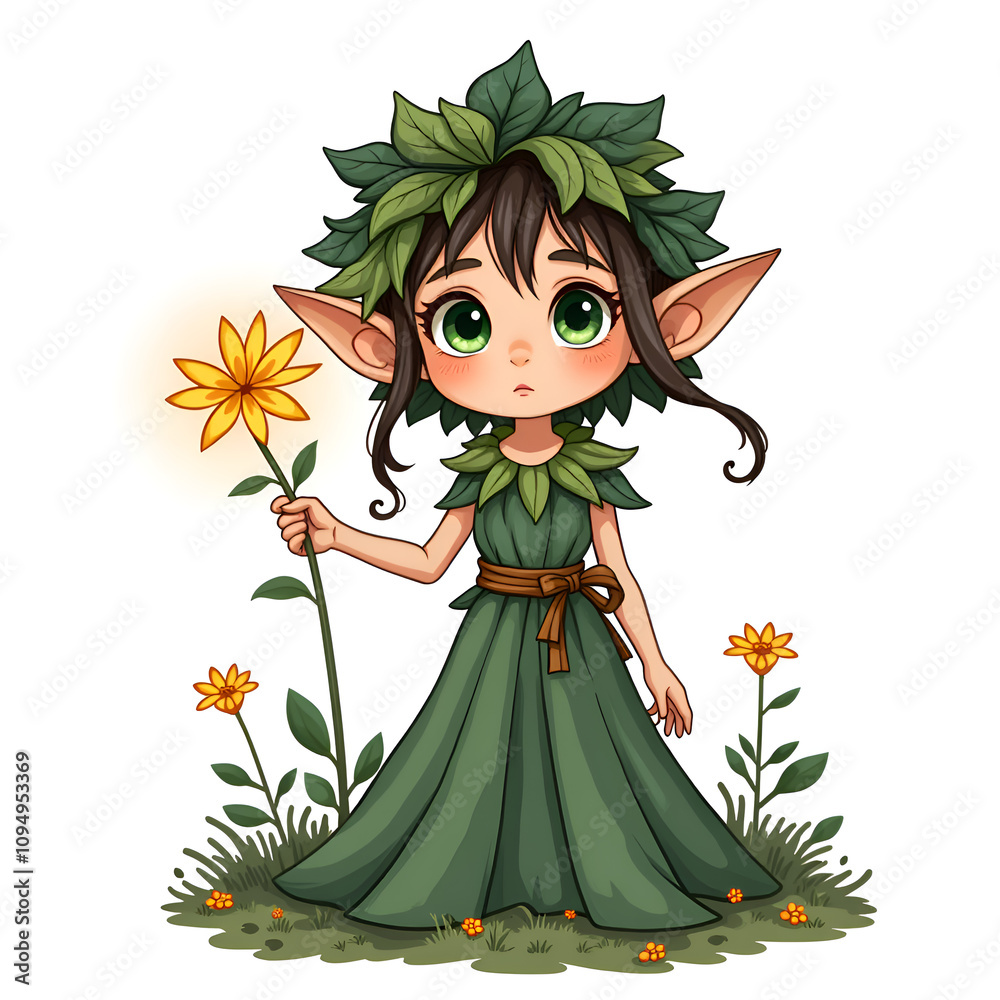 A curious forest fairy holding a bright flower surrounded by nature s beauty, digital art of fantasy character concept. A curious forest fairy holding a bright flower surrounded by nature s beauty, digital art of fantasy character concept.