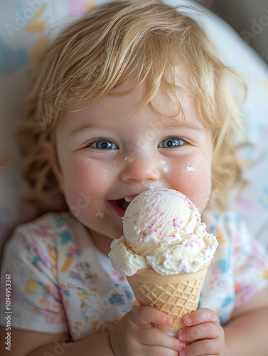 Smiling Child Enjoying Ice Cream on White Background photo