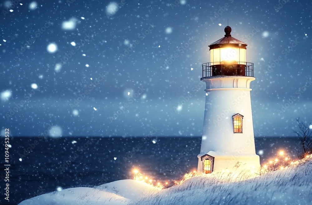 A white lighthouse with Christmas lights is illuminated in the snow at night A white lighthouse with Christmas lights is illuminated in the snow at night