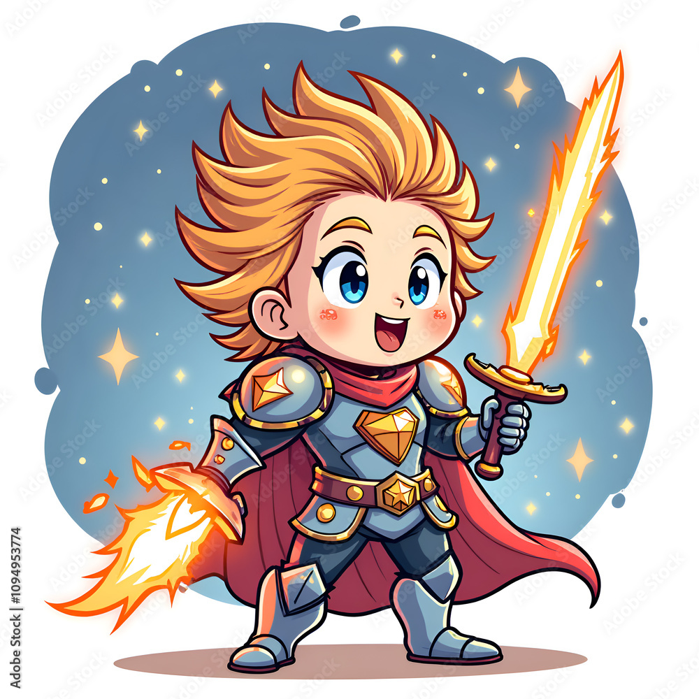 Brave hero with fiery sword in a magical realm a cartoon adventure character, digital art of character design concept. Brave hero with fiery sword in a magical realm a cartoon adventure character, digital art of character design concept.