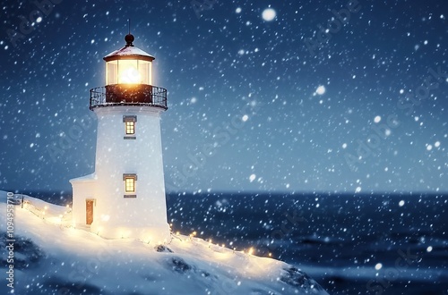 A white lighthouse with Christmas lights is illuminated in the snow at night