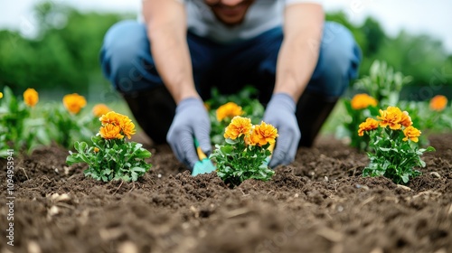 Gardening action by a person community garden planting flowers outdoor environment close-up view growing nature's beauty photo